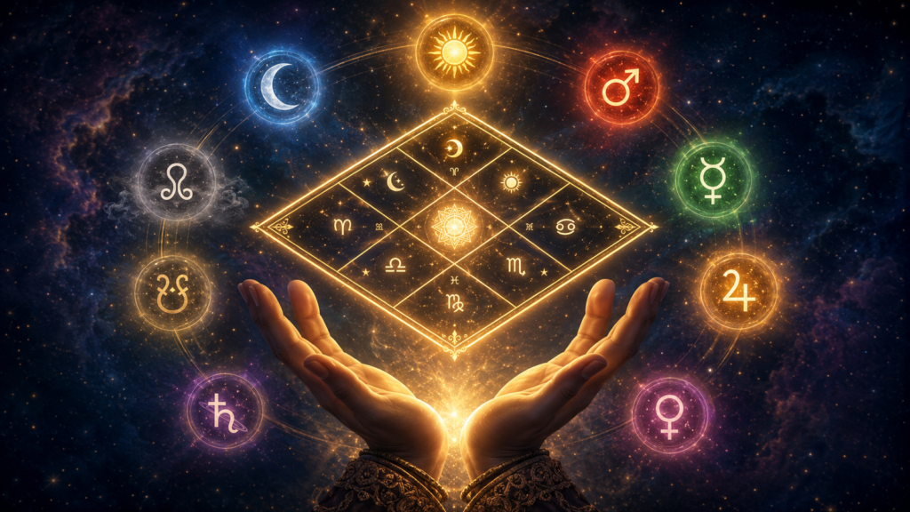 Celestial hands and astrological harmony